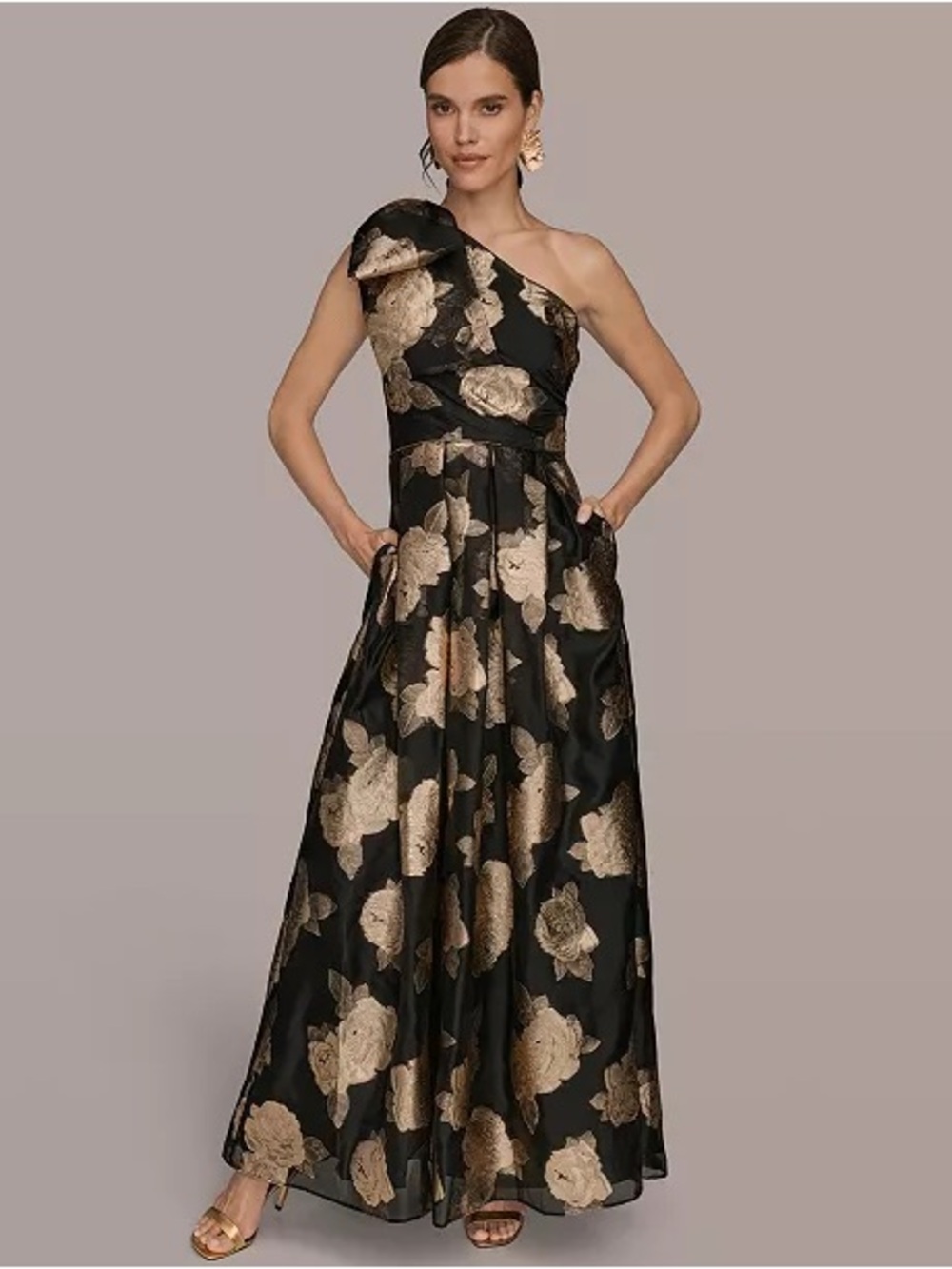 NEW Donna Karan New York One-Shoulder Metallic Jacquard Gown In Black & Gold - Picture 15 of 15